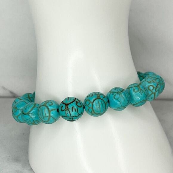 Faux Turquoise Carved Bubble Beaded Stretch Bracelet - Picture 1 of 7